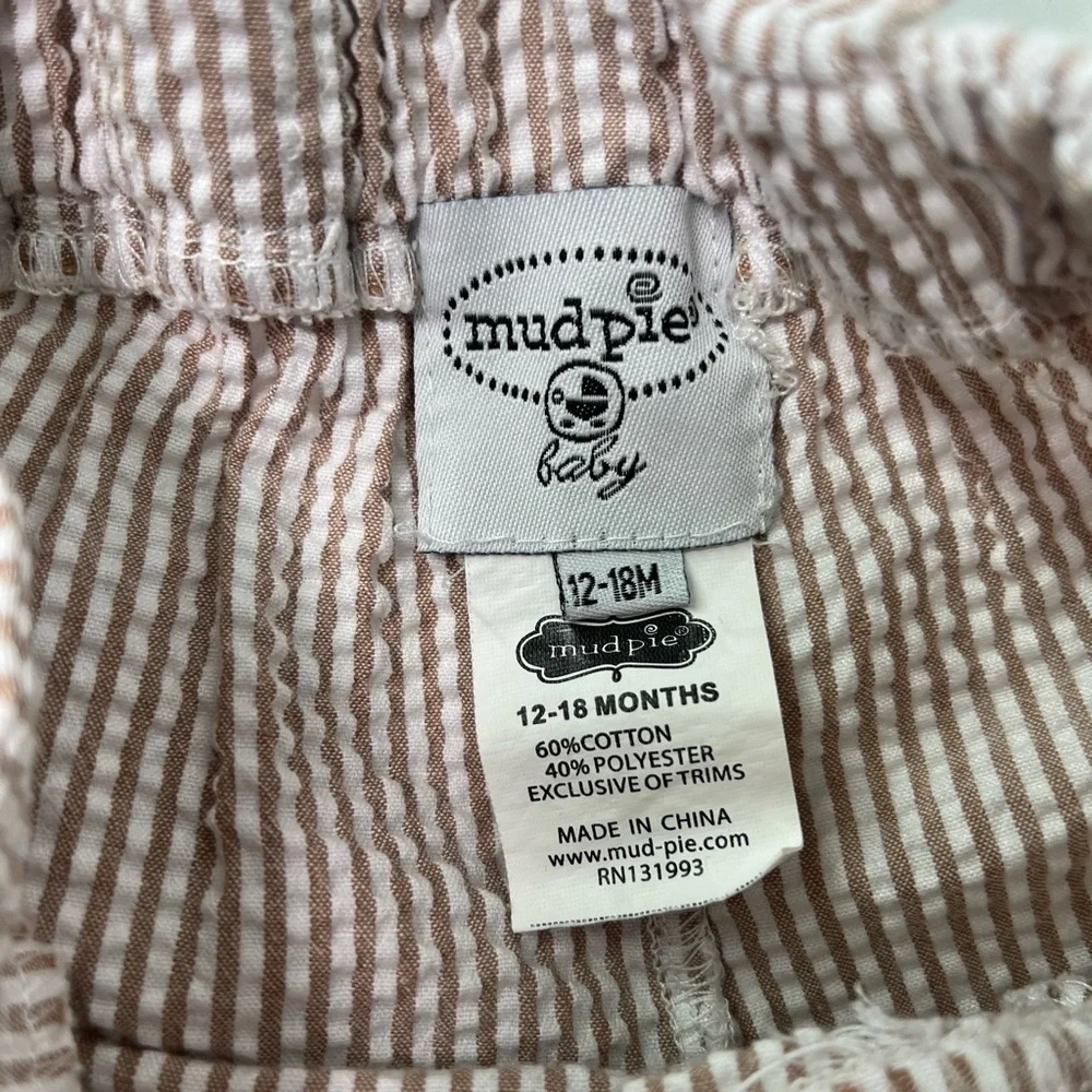Mud Pie Tan White Striped Seersucker Suspender Shorts Size 12-18 Months